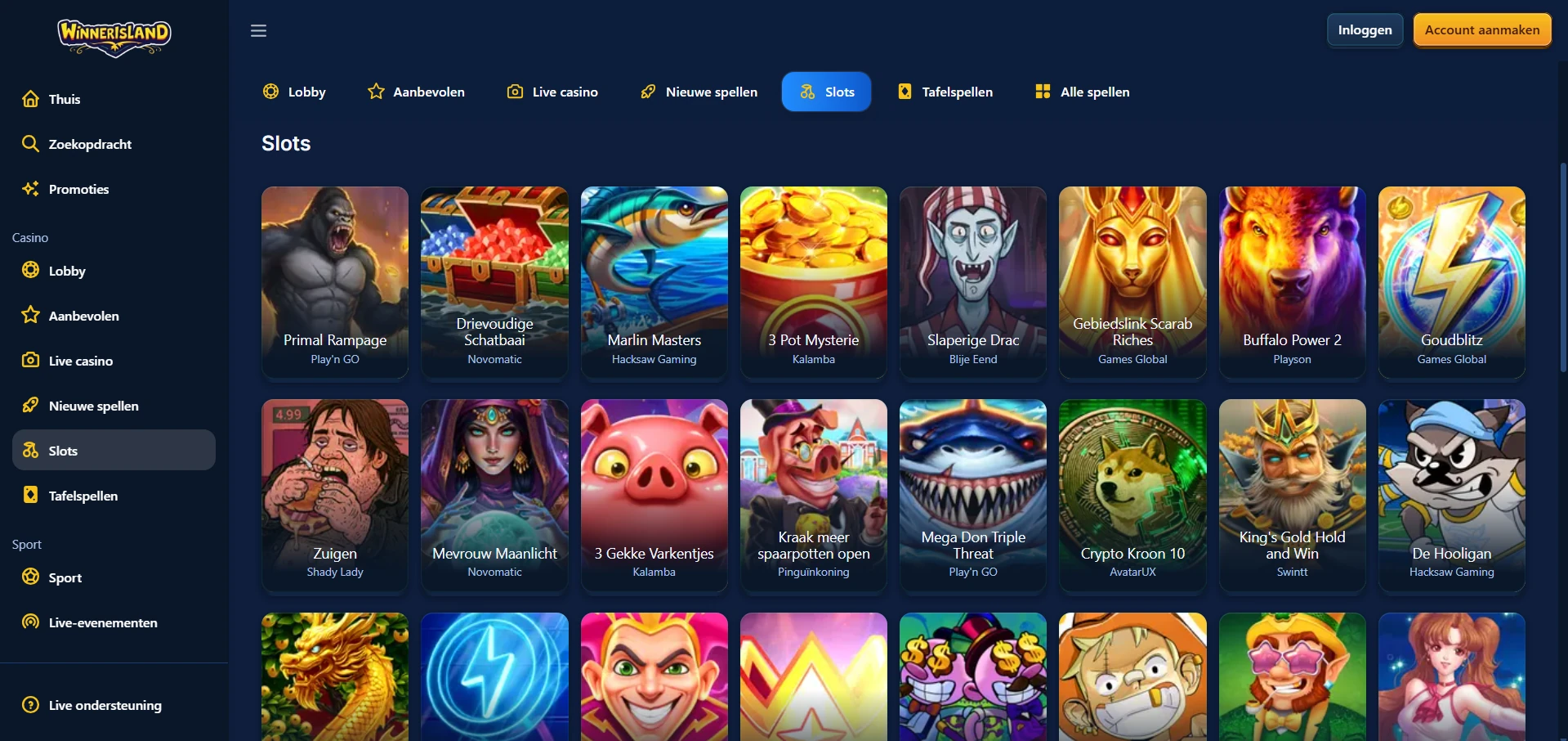 Spellenlobby van Winner Island Casino op een telefoonscherm