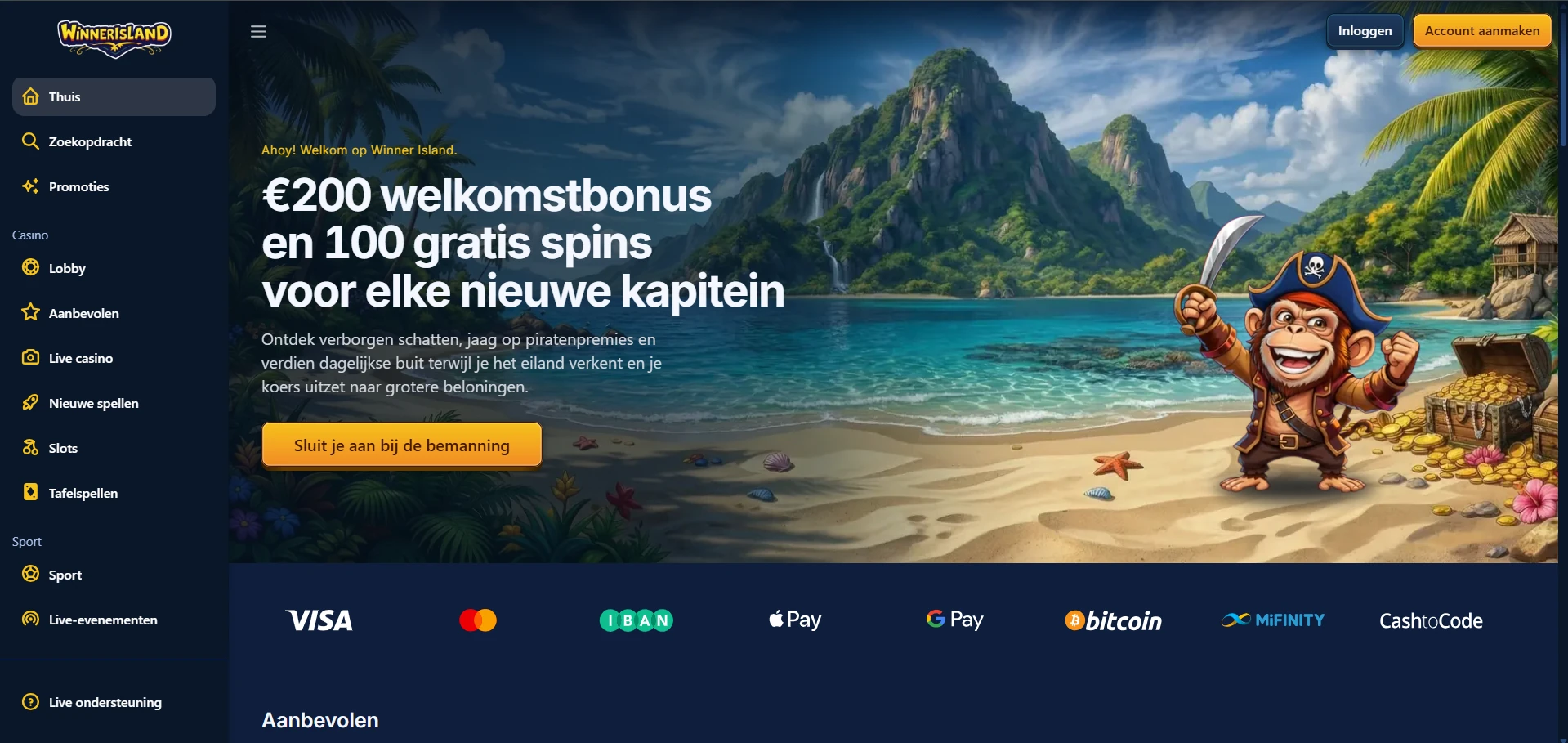 Startscherm van Winner Island Casino geopend op een telefoon