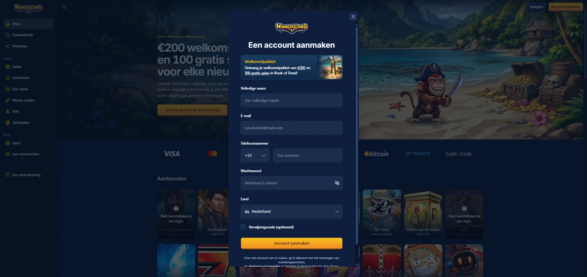 Registratieformulier van Winner Island Casino op een telefoonscherm